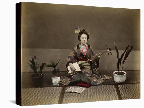 Japanese Lady in Traditional Dress with a Stringed Musical Instrument-null-Stretched Canvas