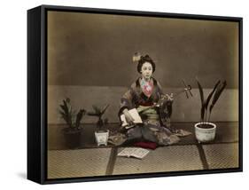 Japanese Lady in Traditional Dress with a Stringed Musical Instrument-null-Framed Stretched Canvas