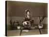 Japanese Lady in Traditional Dress with a Stringed Musical Instrument-null-Stretched Canvas