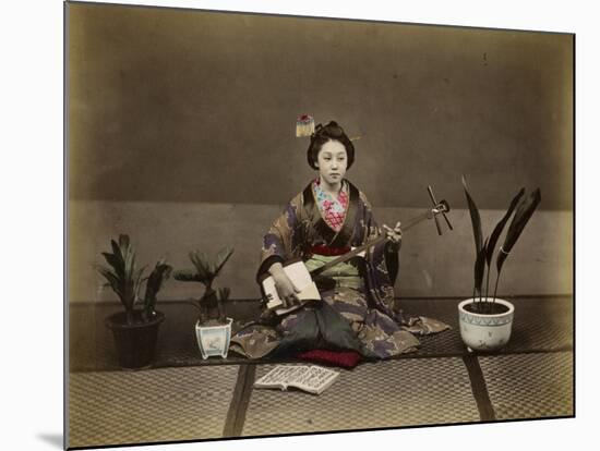 Japanese Lady in Traditional Dress with a Stringed Musical Instrument-null-Mounted Photographic Print