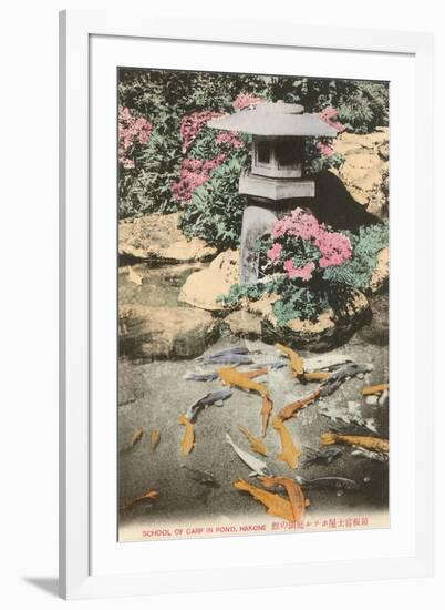 Japanese Lantern, Carp in Pond-null-Framed Art Print