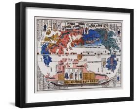 Japanese Map Of The World With Black Ship Foreign Battleships-null-Framed Art Print