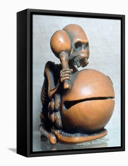 Japanese Netsuke of a skeleton playing a drum, 18th century. Artist: Unknown-Unknown-Framed Stretched Canvas