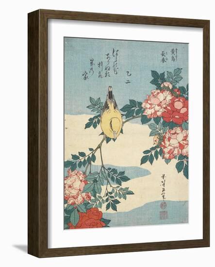 Japanese Nightingale and Spray of Roses, C. 1832-Katsushika Hokusai-Framed Giclee Print