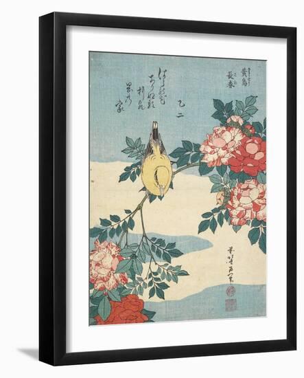 Japanese Nightingale and Spray of Roses, C. 1832-Katsushika Hokusai-Framed Premium Giclee Print