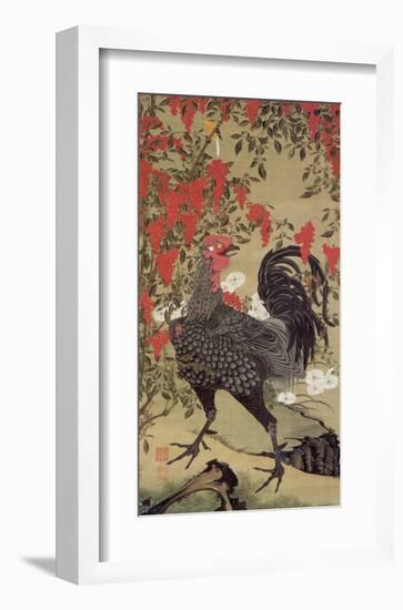 Japanese Rooster with Two Birds-Jyakuchu Ito-Framed Giclee Print