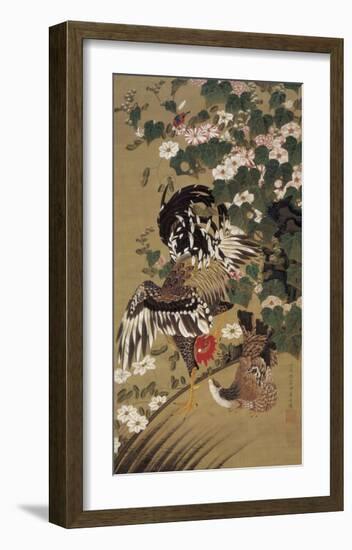 Japanese Rooster with Two Birds-Jyakuchu Ito-Framed Giclee Print