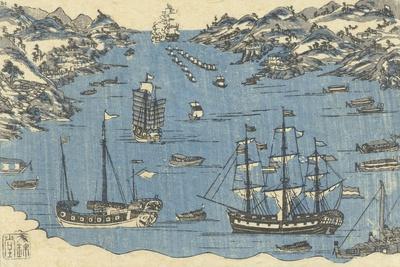 Bunkindo Print of Foreign Ships in the Port of Nagasaki, 1800-50