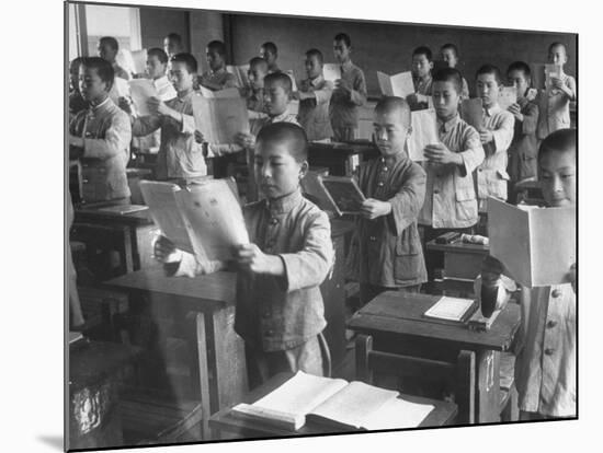 Japanese School Students Learning New Way of Reading-null-Mounted Photographic Print