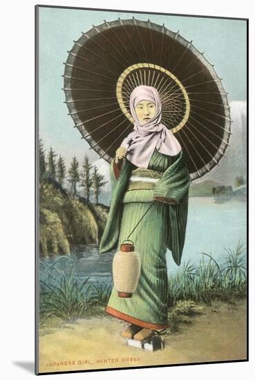 Japanese Woman with Umbrella and Lantern-null-Mounted Art Print