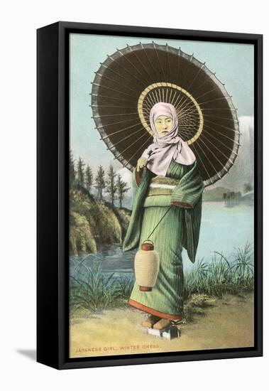 Japanese Woman with Umbrella and Lantern-null-Framed Stretched Canvas