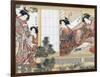 Japanese Women Reading and Writing (Colour Woodblock Print)-Katsukawa Shunsho-Framed Giclee Print