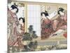 Japanese Women Reading and Writing (Colour Woodblock Print)-Katsukawa Shunsho-Mounted Giclee Print