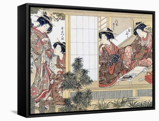 Japanese Women Reading and Writing (Colour Woodblock Print)-Katsukawa Shunsho-Framed Stretched Canvas