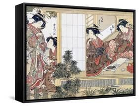 Japanese Women Reading and Writing (Colour Woodblock Print)-Katsukawa Shunsho-Framed Stretched Canvas