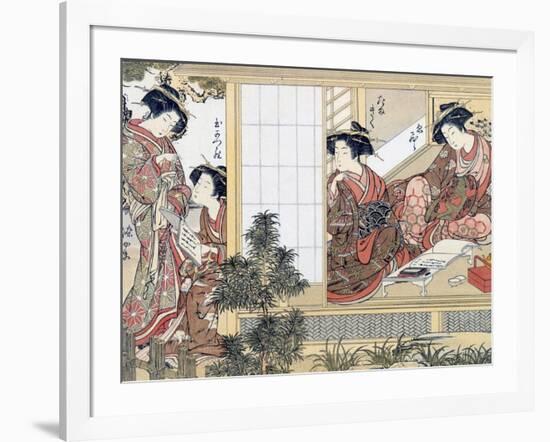 Japanese Women Reading and Writing (Colour Woodblock Print)-Katsukawa Shunsho-Framed Giclee Print