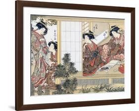 Japanese Women Reading and Writing (Colour Woodblock Print)-Katsukawa Shunsho-Framed Giclee Print