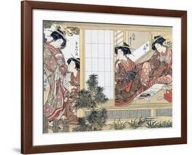 Japanese Women Reading and Writing (Colour Woodblock Print)-Katsukawa Shunsho-Framed Giclee Print