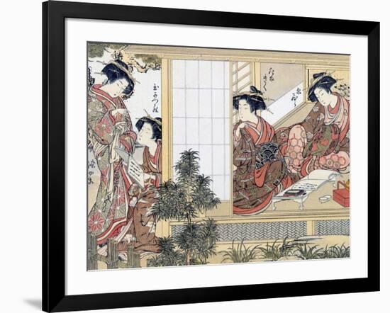 Japanese Women Reading and Writing (Colour Woodblock Print)-Katsukawa Shunsho-Framed Giclee Print