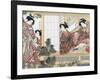 Japanese Women Reading and Writing (Colour Woodblock Print)-Katsukawa Shunsho-Framed Giclee Print