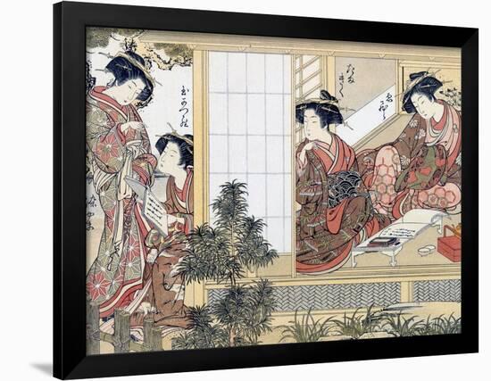 Japanese Women Reading and Writing (Colour Woodblock Print)-Katsukawa Shunsho-Framed Giclee Print