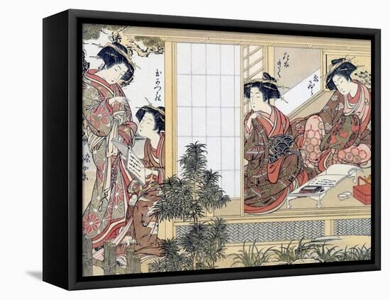 Japanese Women Reading and Writing (Colour Woodblock Print)-Katsukawa Shunsho-Framed Stretched Canvas