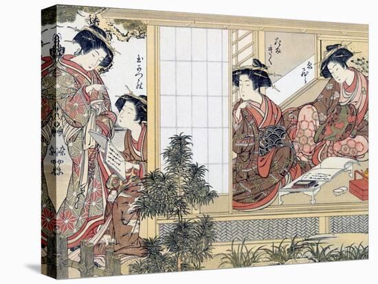 Japanese Women Reading and Writing (Colour Woodblock Print)-Katsukawa Shunsho-Stretched Canvas