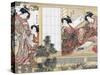 Japanese Women Reading and Writing (Colour Woodblock Print)-Katsukawa Shunsho-Stretched Canvas