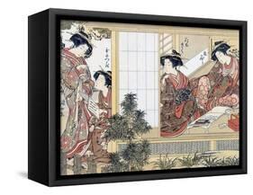 Japanese Women Reading and Writing (Colour Woodblock Print)-Katsukawa Shunsho-Framed Stretched Canvas