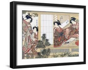 Japanese Women Reading and Writing (Colour Woodblock Print)-Katsukawa Shunsho-Framed Giclee Print