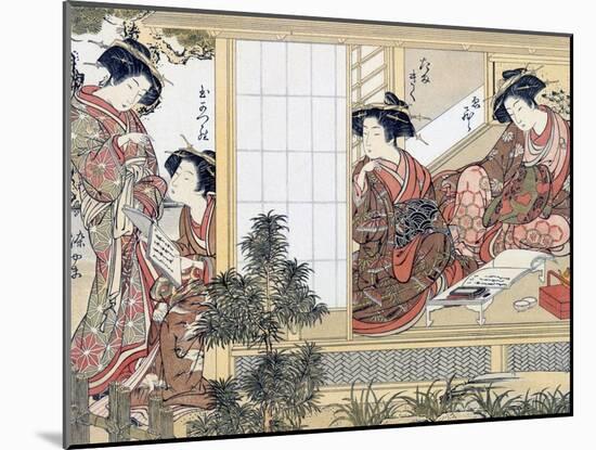Japanese Women Reading and Writing (Colour Woodblock Print)-Katsukawa Shunsho-Mounted Giclee Print