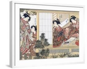 Japanese Women Reading and Writing (Colour Woodblock Print)-Katsukawa Shunsho-Framed Giclee Print