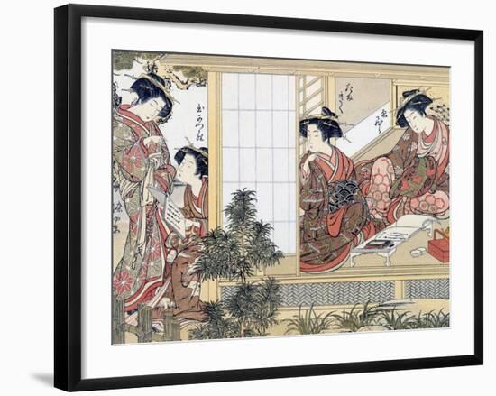 Japanese Women Reading and Writing (Colour Woodblock Print)-Katsukawa Shunsho-Framed Giclee Print