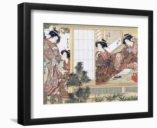 Japanese Women Reading and Writing (Colour Woodblock Print)-Katsukawa Shunsho-Framed Premium Giclee Print