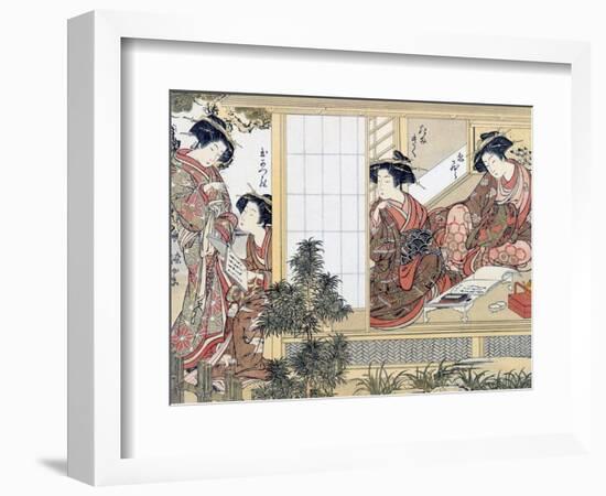 Japanese Women Reading and Writing (Colour Woodblock Print)-Katsukawa Shunsho-Framed Premium Giclee Print