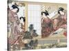 Japanese Women Reading and Writing (Colour Woodblock Print)-Katsukawa Shunsho-Stretched Canvas