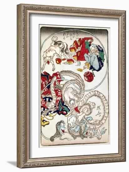 Japanese Wood-Cut Print, Creatures with Long Necks Attack a Noodle Shop Customer, no.1-Lantern Press-Framed Art Print
