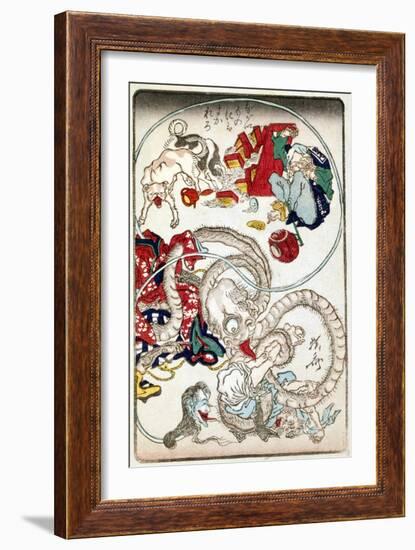 Japanese Wood-Cut Print, Creatures with Long Necks Attack a Noodle Shop Customer, no.1-Lantern Press-Framed Art Print