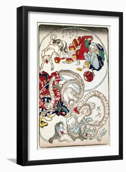 Japanese Wood-Cut Print, Creatures with Long Necks Attack a Noodle Shop Customer, no.1-Lantern Press-Framed Art Print