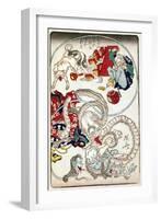 Japanese Wood-Cut Print, Creatures with Long Necks Attack a Noodle Shop Customer, no.1-Lantern Press-Framed Art Print