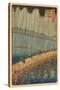 Japanese Woodblock, Crossing Bridge in Rain-null-Stretched Canvas