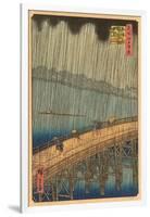 Japanese Woodblock, Crossing Bridge in Rain-null-Framed Art Print