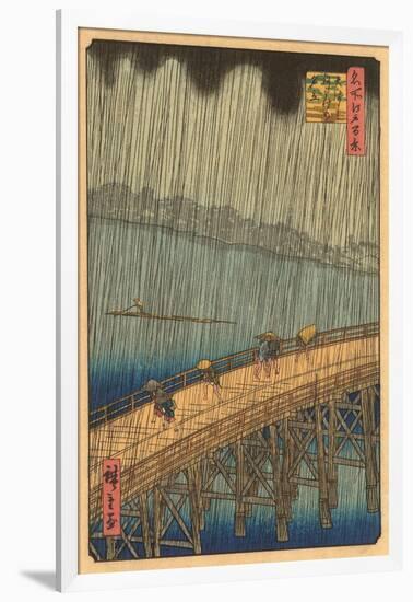 Japanese Woodblock, Crossing Bridge in Rain-null-Framed Art Print