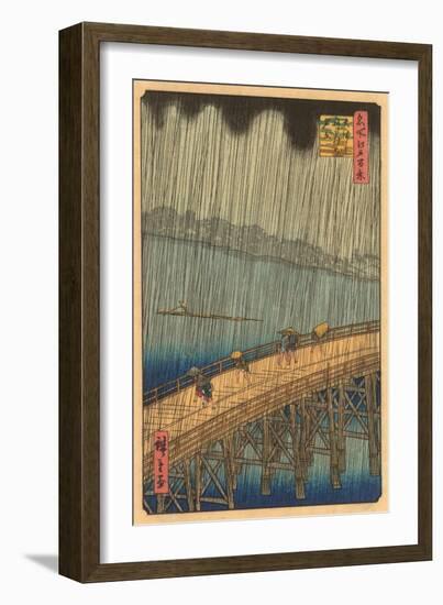 Japanese Woodblock, Crossing Bridge in Rain-null-Framed Art Print