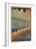 Japanese Woodblock, Crossing Bridge in Rain-null-Framed Art Print