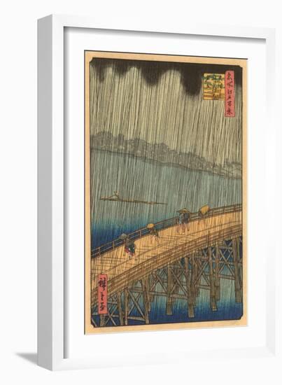 Japanese Woodblock, Crossing Bridge in Rain-null-Framed Art Print