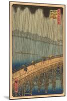 Japanese Woodblock, Crossing Bridge in Rain-null-Mounted Art Print