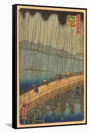 Japanese Woodblock, Crossing Bridge in Rain-null-Framed Stretched Canvas