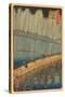 Japanese Woodblock, Crossing Bridge in Rain-null-Stretched Canvas