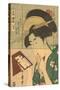 Japanese Woodblock, Geisha Looking in Mirror-null-Stretched Canvas